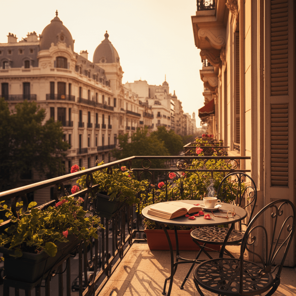 Balcón soleado con vista a una calle arbolada de Recoleta, Buenos Aires